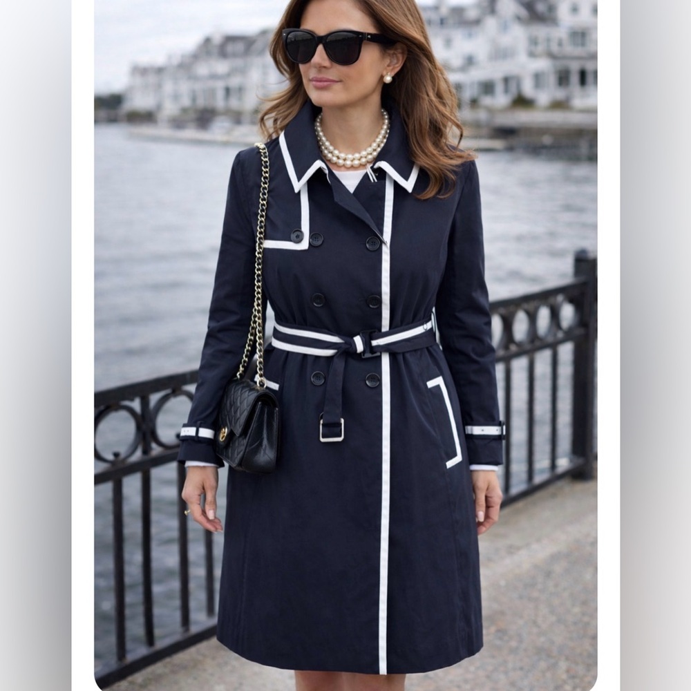 Jane Post Raincoat Trench Coat Jacket Black w/ White Trim Classic Timeless | Lrg